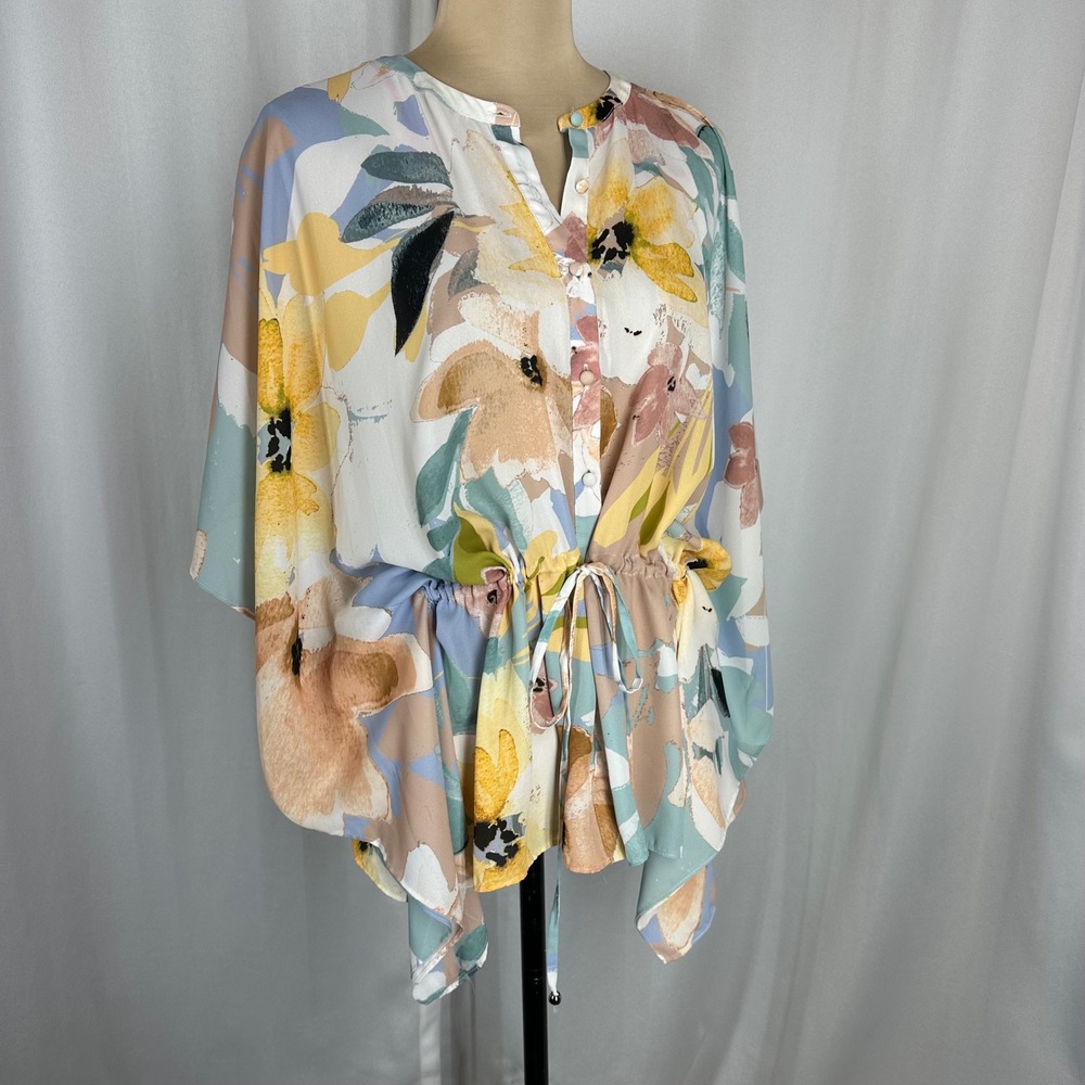 Catherine Malandrino Size M Floral Kimono‎ Blouse Drawstring Waist Tunic Top